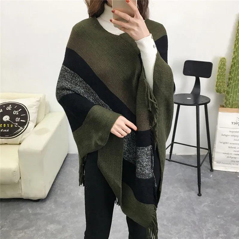 Cloak Soft Knitted Stripe Cardigan Ponchos