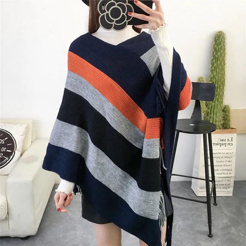 Cloak Soft Knitted Stripe Cardigan Ponchos