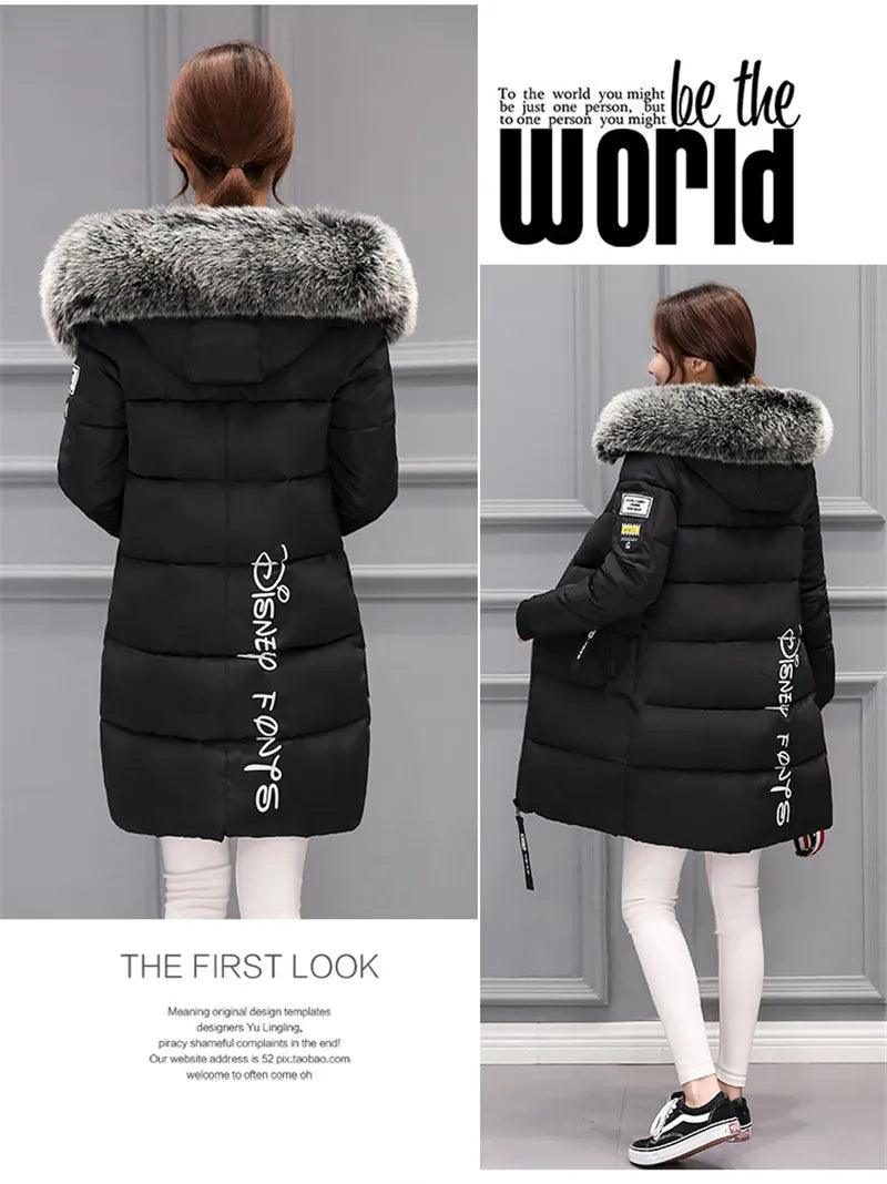 Parka Big Fur Collar Hooded Thick Warm Long Female Coat Casual