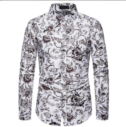 Tropical Floral Print Slim Fit Long-Sleeve Casual Shirt for Men