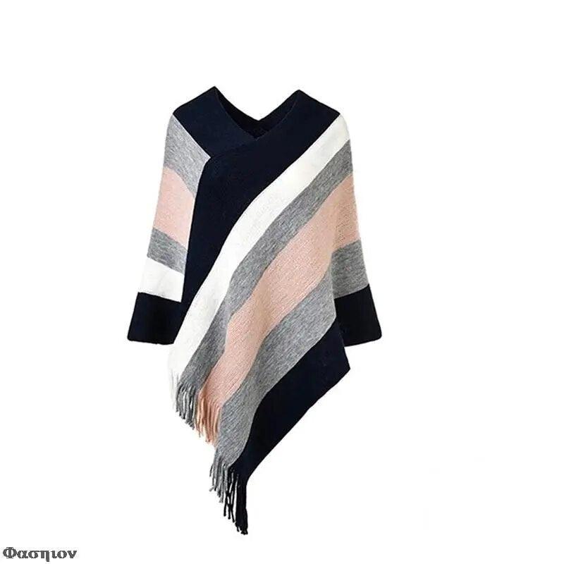 Cloak Soft Knitted Stripe Cardigan Ponchos