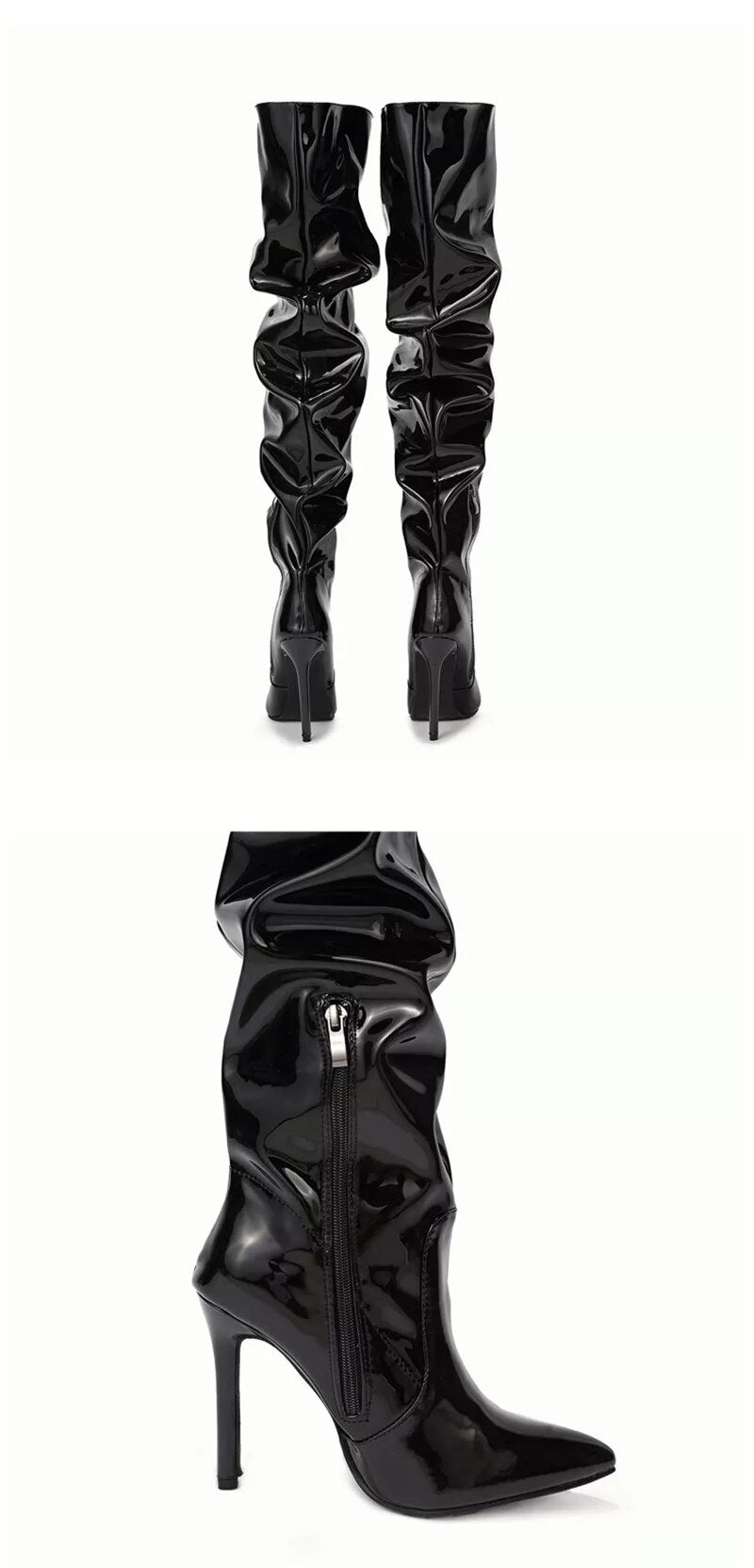 High Thigh Leather Pointy Toe Zipper Boots