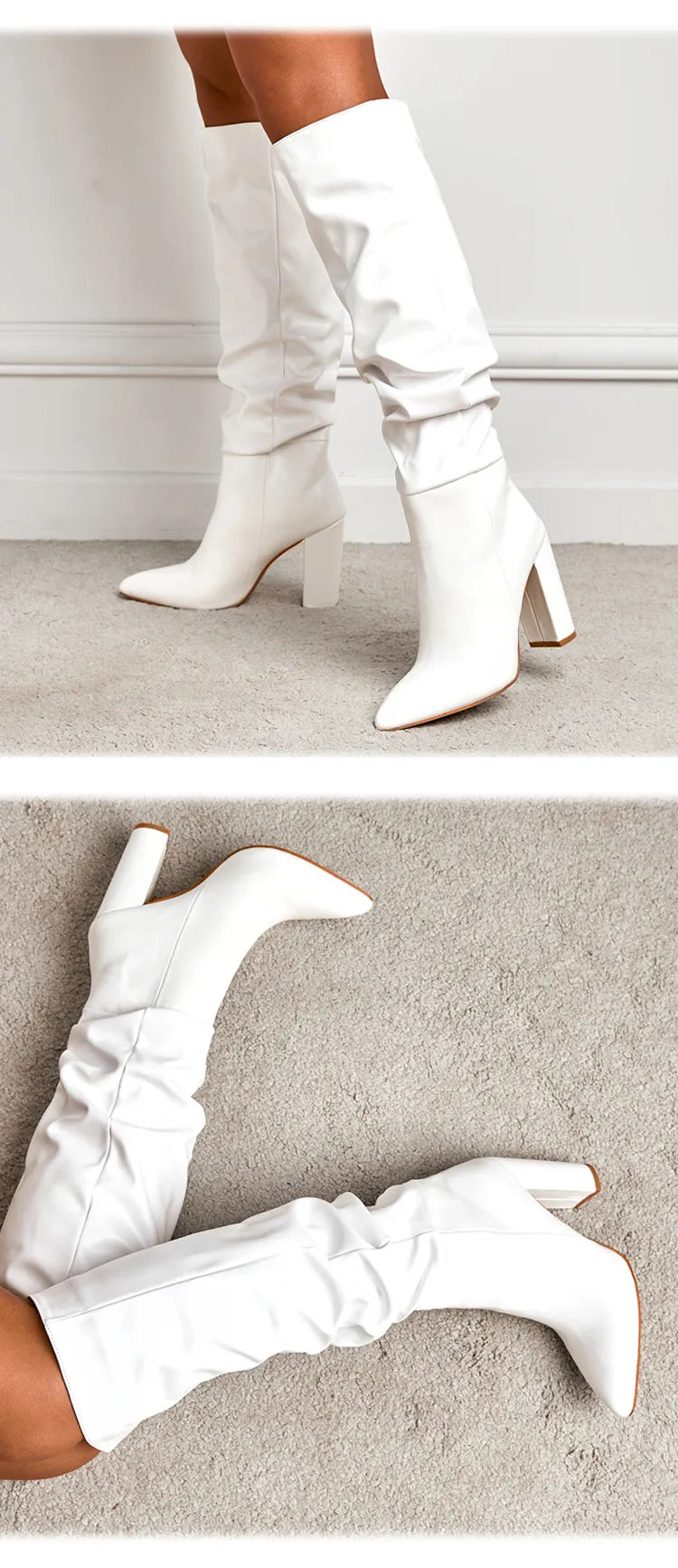 Women Knee High Pointy Toe Square Heels Slip On Boots