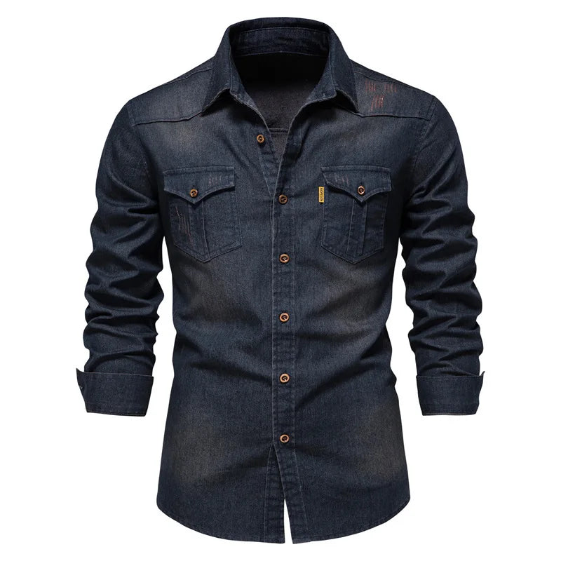 Men's Denim Style Shirt: Cotton, Long Sleeve, Double Pockets, Slim Fit, Wrinkle-Resistant