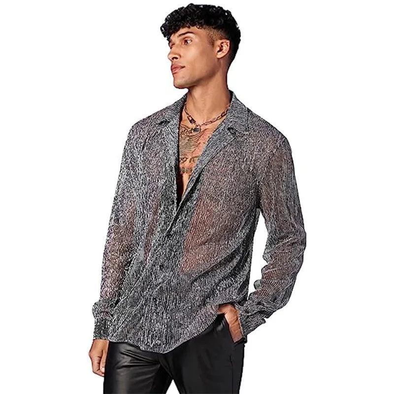 Men's Glitter See Through Long Sleeve Sheer Mesh Shirt