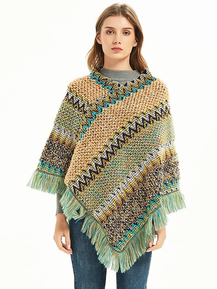 Cloak Soft Knitted Stripe Cardigan Ponchos