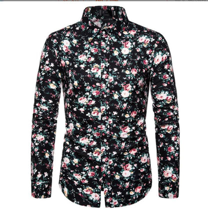 Tropical Floral Print Slim Fit Long-Sleeve Casual Shirt for Men