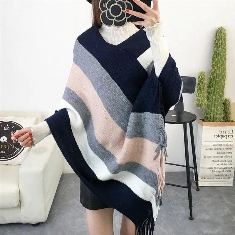 Cloak Soft Knitted Stripe Cardigan Ponchos