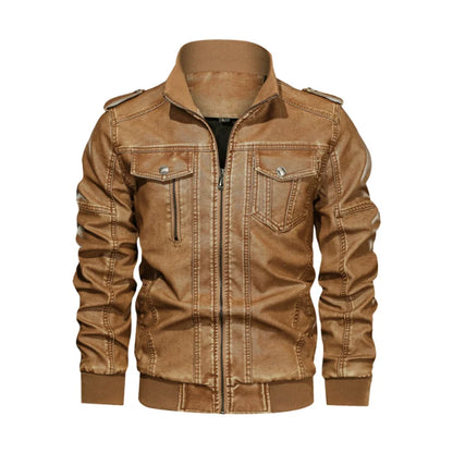 Men's Leather Jacket Distressed Wash, Zipper Closure