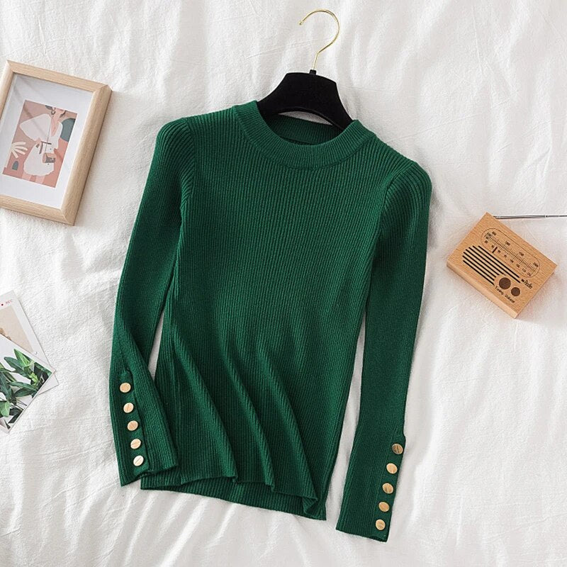 Thick pullovers casual button sleeves o-neck chic soft sweater