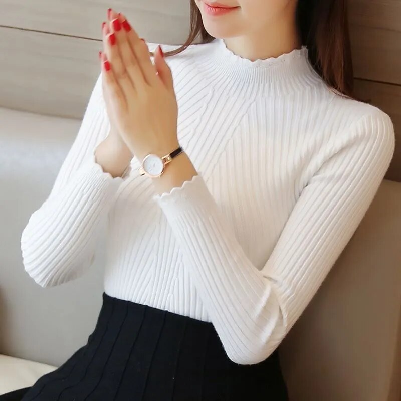 Turtleneck Stretchy Knitted Pullovers Long Sleeve Sweater