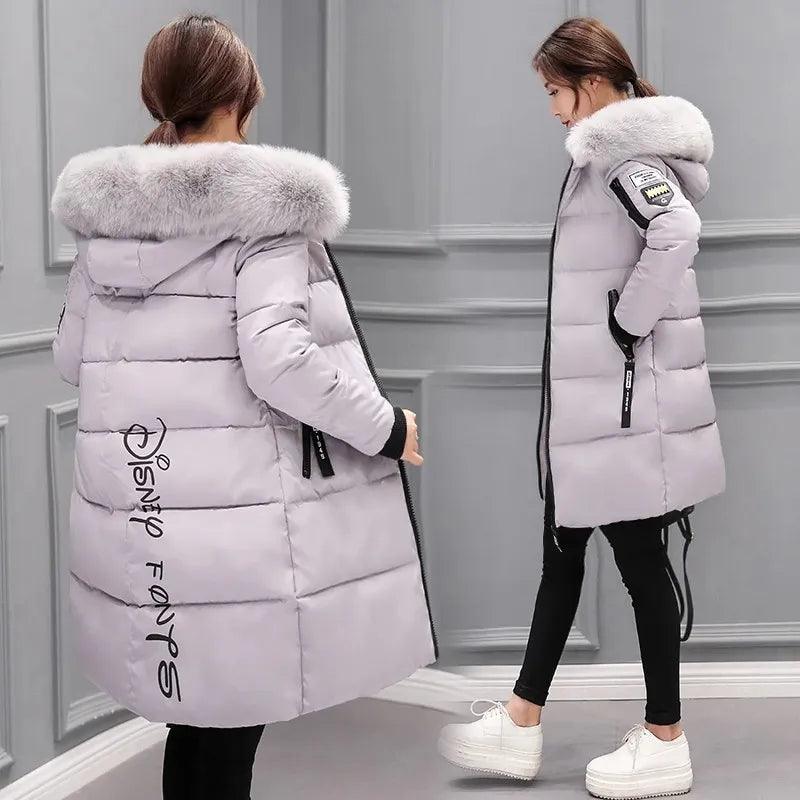 Parka Big Fur Collar Hooded Thick Warm Long Female Coat Casual