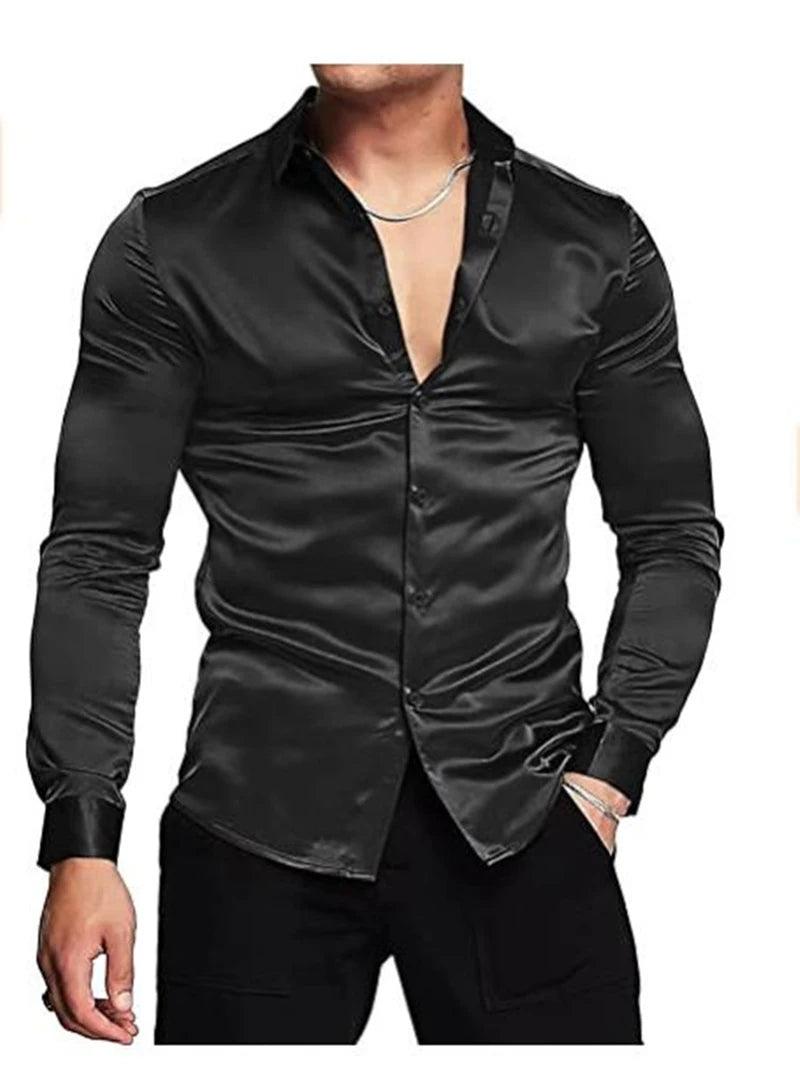 Luxurious Silk Satin Dressy Men Shirt: Long Sleeve Slim Fit Button-down Casual