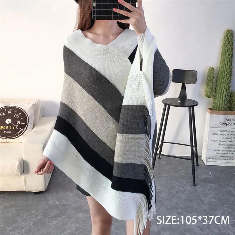 Cloak Soft Knitted Stripe Cardigan Ponchos