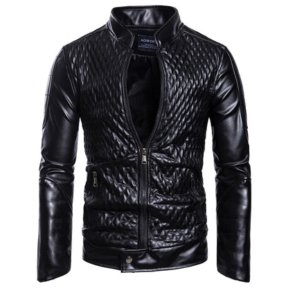 Diamond-Patterned PU Leather Quilted Men's Jacket