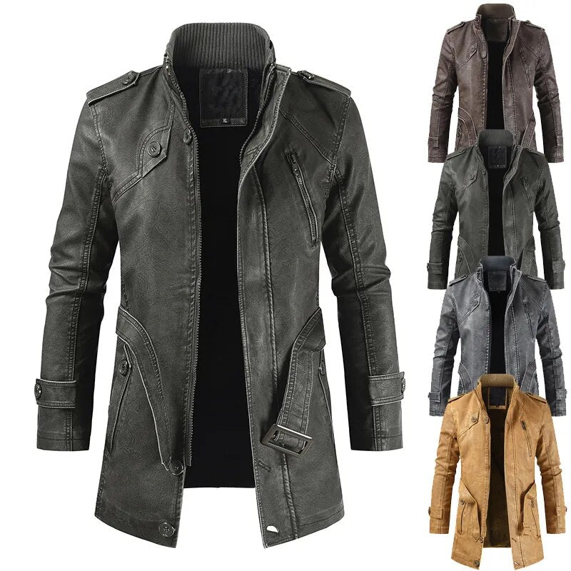 Winter Men's Thick Faux Leather Long Jacket