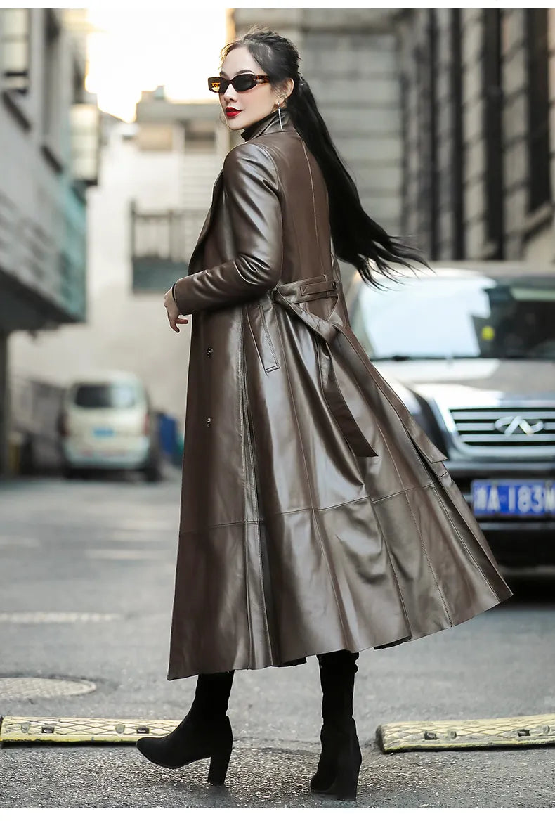 Long Soft Faux Leather Trench Coat with Belt Elegant Down Coat