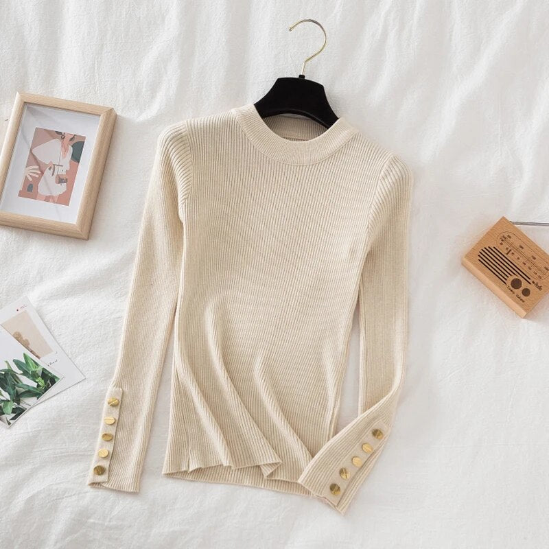 Thick pullovers casual button sleeves o-neck chic soft sweater