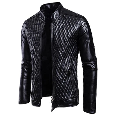 Diamond-Patterned PU Leather Quilted Men's Jacket