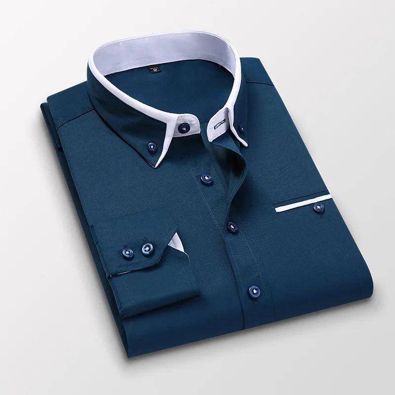 High-Quality Men's Dress Shirt: Long Sleeve Twill Solid & Striped Design, Formal or Casual Wear, Slim Fit.