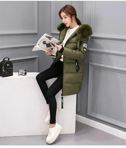 Parka Big Fur Collar Hooded Thick Warm Long Female Coat Casual