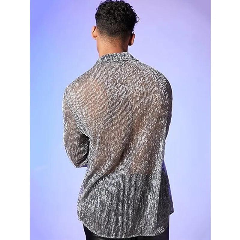 Men's Glitter See Through Long Sleeve Sheer Mesh Shirt