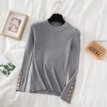 Thick pullovers casual button sleeves o-neck chic soft sweater