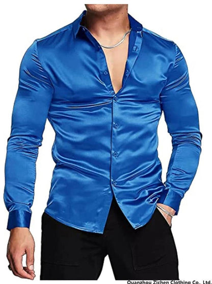 Luxurious Silk Satin Dressy Men Shirt: Long Sleeve Slim Fit Button-down Casual