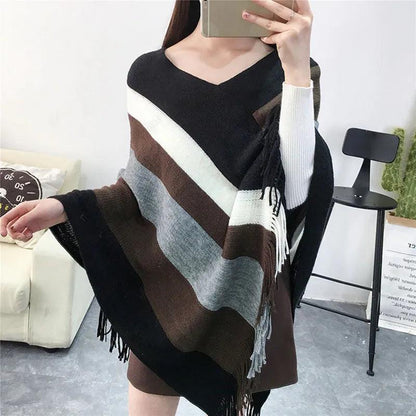 Cloak Soft Knitted Stripe Cardigan Ponchos