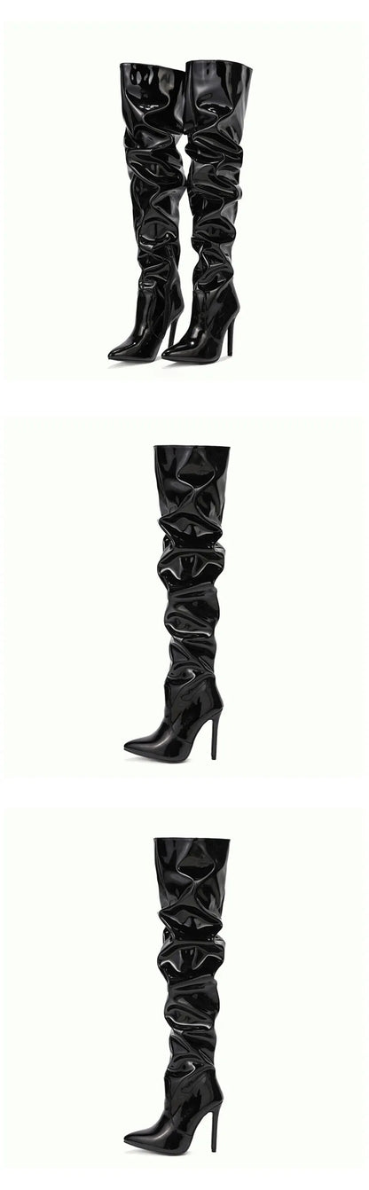 High Thigh Leather Pointy Toe Zipper Boots