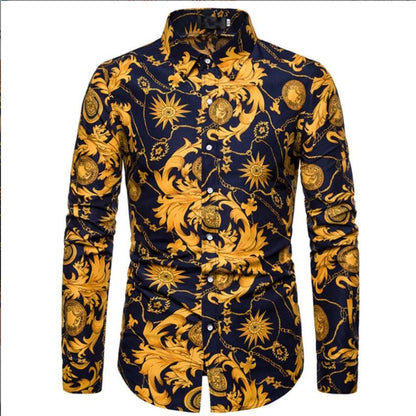 Tropical Floral Print Slim Fit Long-Sleeve Casual Shirt for Men