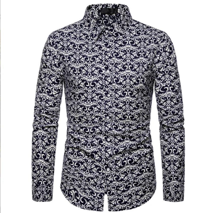 Tropical Floral Print Slim Fit Long-Sleeve Casual Shirt for Men