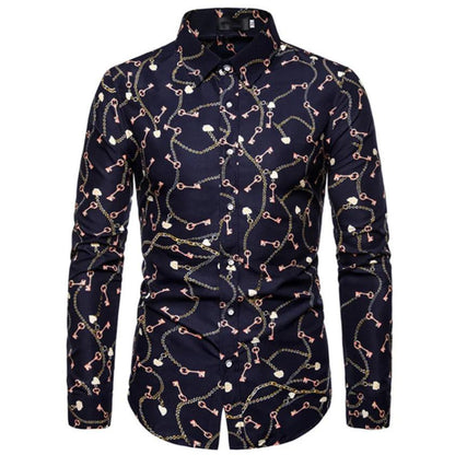 Tropical Floral Print Slim Fit Long-Sleeve Casual Shirt for Men