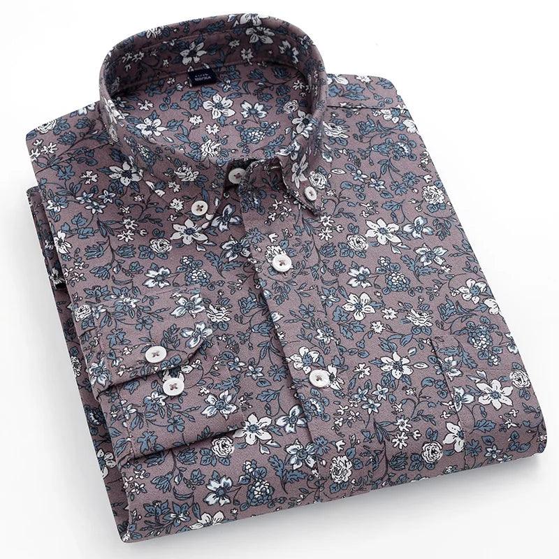 Men's Regular-fit Long Sleeve Dressy Shirt, Floral Print, Oxford Cotton