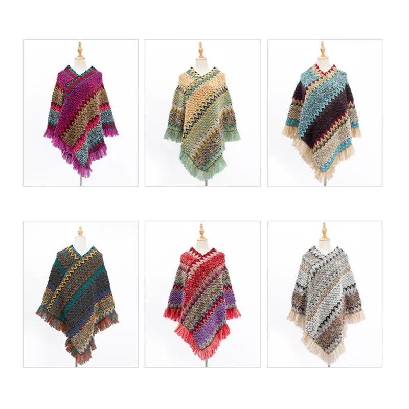 Cloak Soft Knitted Stripe Cardigan Ponchos