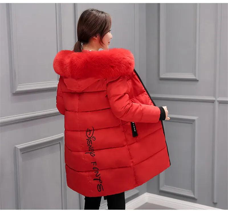 Parka Big Fur Collar Hooded Thick Warm Long Female Coat Casual