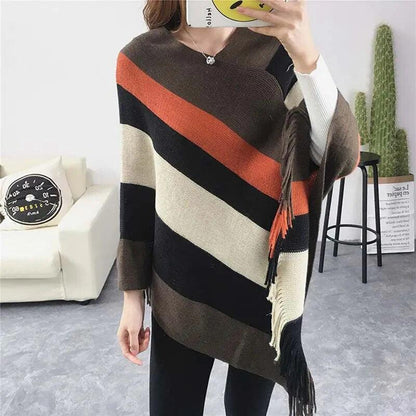 Cloak Soft Knitted Stripe Cardigan Ponchos