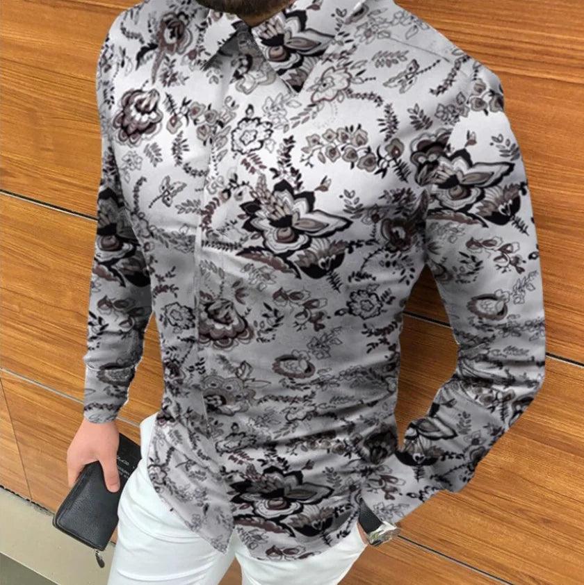 Tropical Floral Print Slim Fit Long-Sleeve Casual Shirt for Men