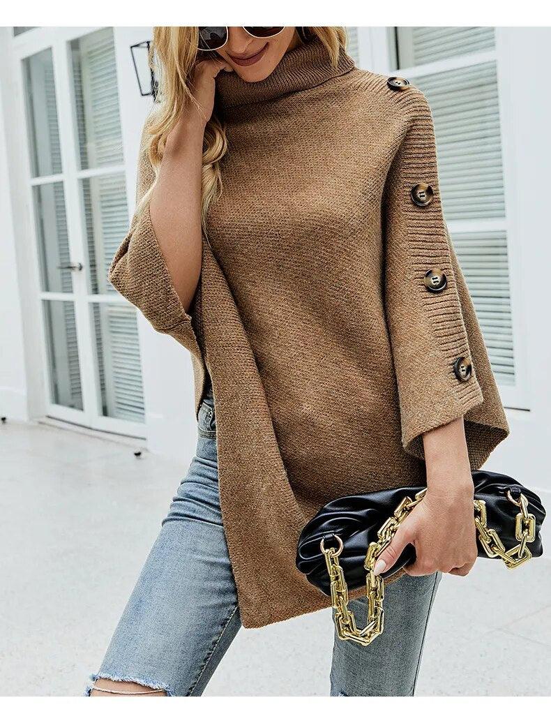 Button Poncho Oversized Turtleneck Jumper Knitwear Sleeve