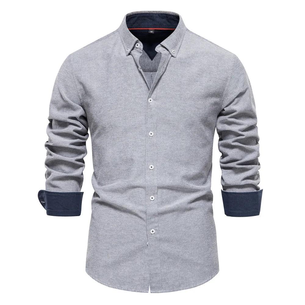 Solid Color Oxford Shirt with Turn-down Collar for Men