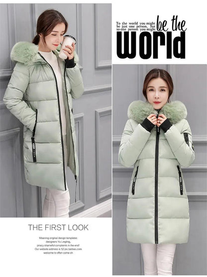 Parka Big Fur Collar Hooded Thick Warm Long Female Coat Casual