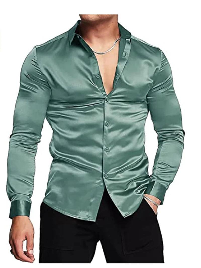 Luxurious Silk Satin Dressy Men Shirt: Long Sleeve Slim Fit Button-down Casual