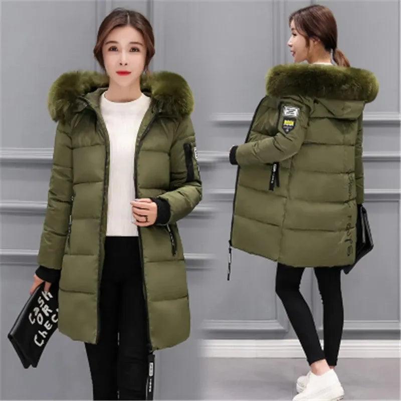 Parka Big Fur Collar Hooded Thick Warm Long Female Coat Casual