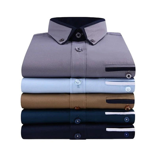 High-Quality Men's Dress Shirt: Long Sleeve Twill Solid & Striped Design, Formal or Casual Wear, Slim Fit.