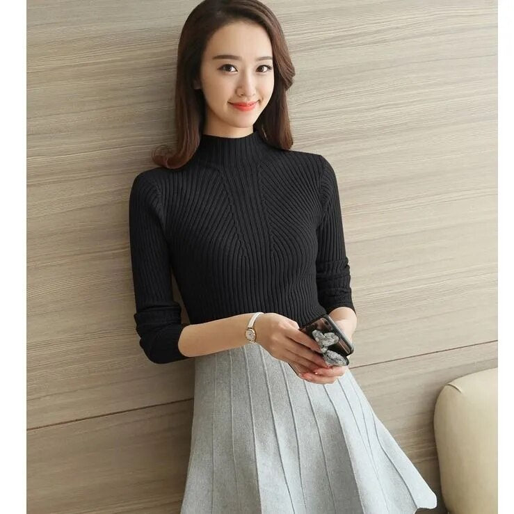 Turtleneck Stretchy Knitted Pullovers Long Sleeve Sweater