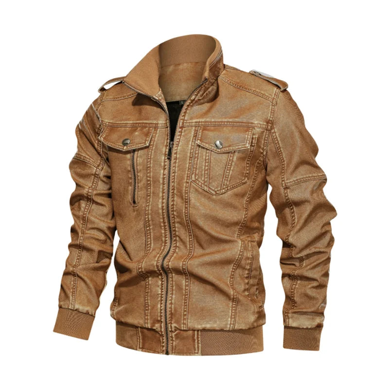 Men's Leather Jacket Distressed Wash, Zipper Closure