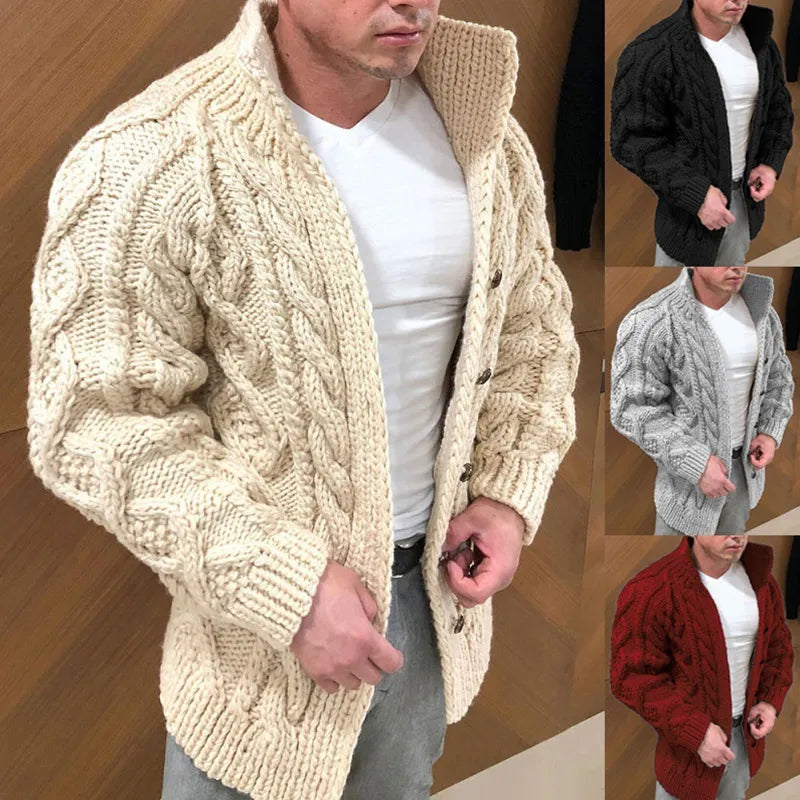 Winter Men Solid Color Knitted Cardigan Warm Long Sleeve