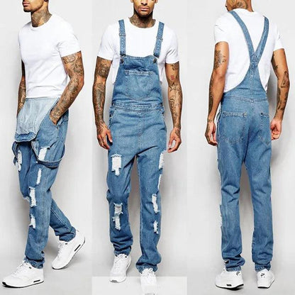 Men Denim Jumpsuit Ripped Style Solid Basic Overalls