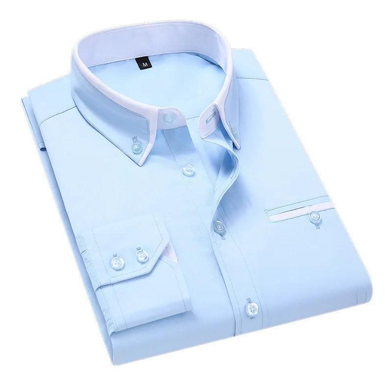 High-Quality Men's Dress Shirt: Long Sleeve Twill Solid & Striped Design, Formal or Casual Wear, Slim Fit.