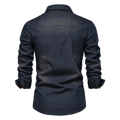 Men's Denim Style Shirt: Cotton, Long Sleeve, Double Pockets, Slim Fit, Wrinkle-Resistant